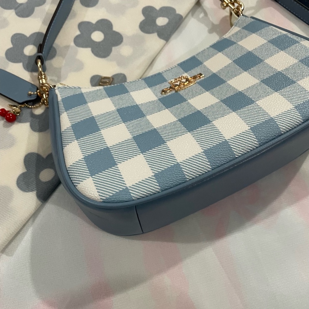 Coach Blue and White Gingham Shoulder Bag with Gold Hardware - Picture 4 of 9